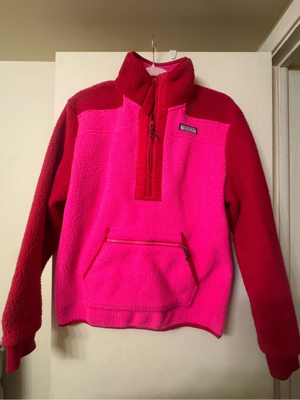 EUC Vineyard Vines pink-red Sherpa Pullover. Size small.